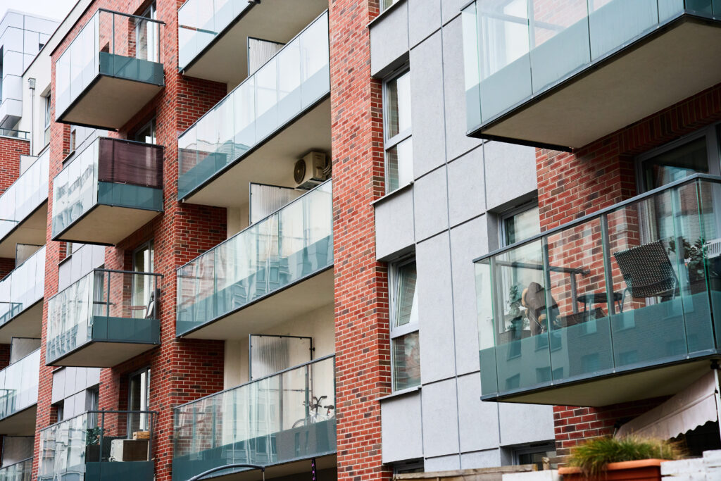 Modern residential complex in Gdansk, Poland. Living house facade with balconies. Apartment building. Mortgage in real estate