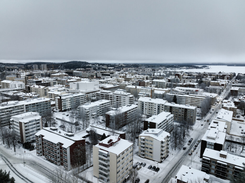 Aerial drone view of downtown Lahti, gloomy, winter evening, in Finland